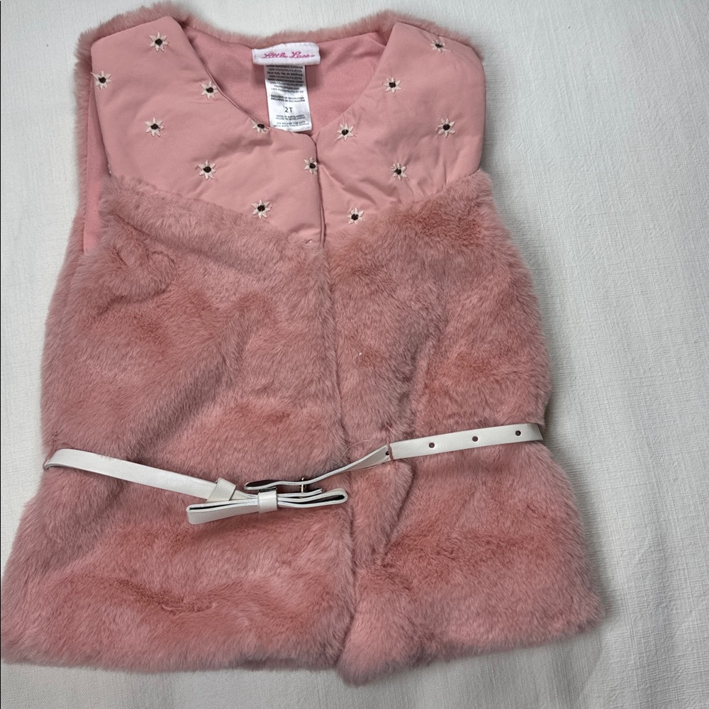 Little Lass Pink Faux Fur Vest with White‎ Belt